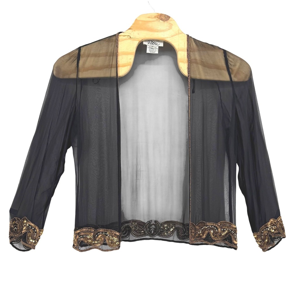 Patra Women 14 Black Silk Sheer Cardigan Shrug Gold Sequin Beaded Jacket Vintage